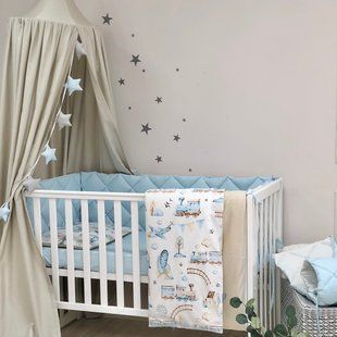 Постельный комплект для новорожденных в кроватку Baby Mix Паровозики, цвет голубой 0291559 фото
