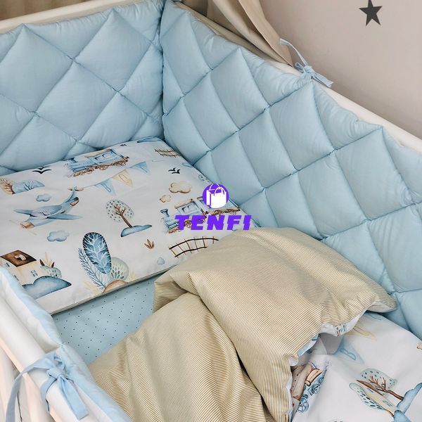 Постельный комплект для новорожденных в кроватку Baby Mix Паровозики, цвет голубой 0291559 фото