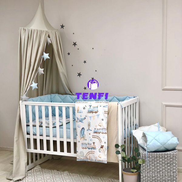 Постельный комплект для новорожденных в кроватку Baby Mix Паровозики, цвет голубой 0291559 фото