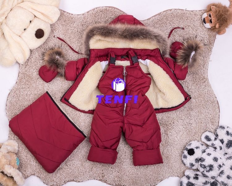 Зимний комбинезон тройка для новорожденных 0-2 года Look с натуральным мехом Пушок терракот КБ ФЛ107 фото
