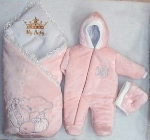 Зимовий набір (конверт 100х80 см, комбінезон, шапочка) Рожевий 1143 фото