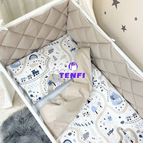 Постельный комплект для новорожденных в кроватку Baby Mix Железная дорога серый 0291176 фото