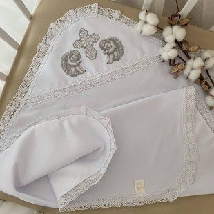 Крижма Талісман янгола подвійна з вишивкою Білий/срібло Атлас, кулір 75х80 см КР БИР163 фото