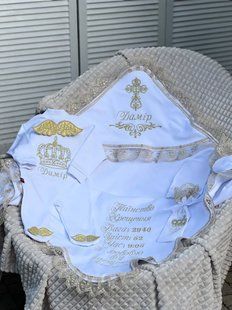 Летний комплект на крестины с именной вышивкой (любое имя) белый с золотом 56 см КР БЛ78 фото